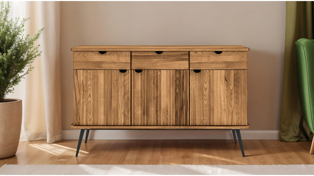 Buffet 3 portes 3 tiroirs 144 cm - Bois massif strié - AMALFI